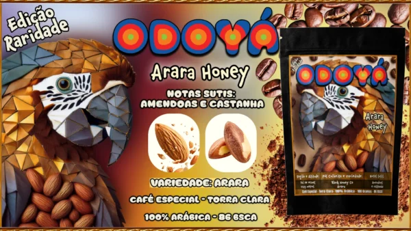 Cafe Odoyá Arara Black Honey Cereja descascado, torra clara, 100 gramas, 100% Arábica, 86 Pontos Bsca Notas de Amendoas E castanha Banner