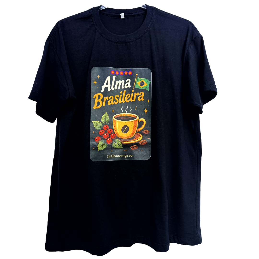 Camiseta preta Odoyá Alma Brasileira aberta, mostrando a estampa