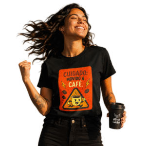 Pessoa vestindo camiseta preta Cuidado: Movido a Café sem fundo